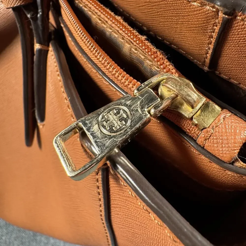 Tory Burch Large York Gold Buckle Saffiano Tan Cognac Leather Tote Bag READ